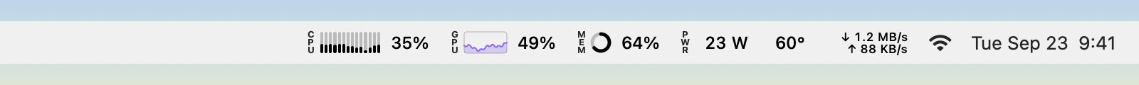 A menu bar strip with GaugeMon gauges: a CPU graph, GPU percentage, a memory ring, power in watts and temperature