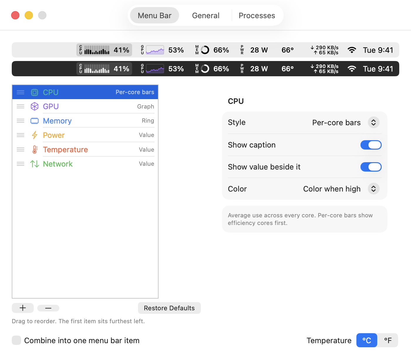 GaugeMon's Menu Bar settings: a list of gauges with style, caption and colour options, and a live preview of the menu bar at the top